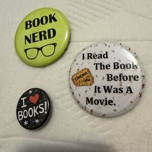 Set of Three Book Themed buttons Book Nerd I love books